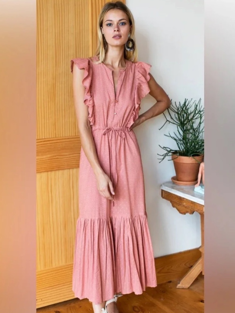 Emerson Fry India Collection Chandra Dress Pink Swiss Dot 100% Cotton Size L